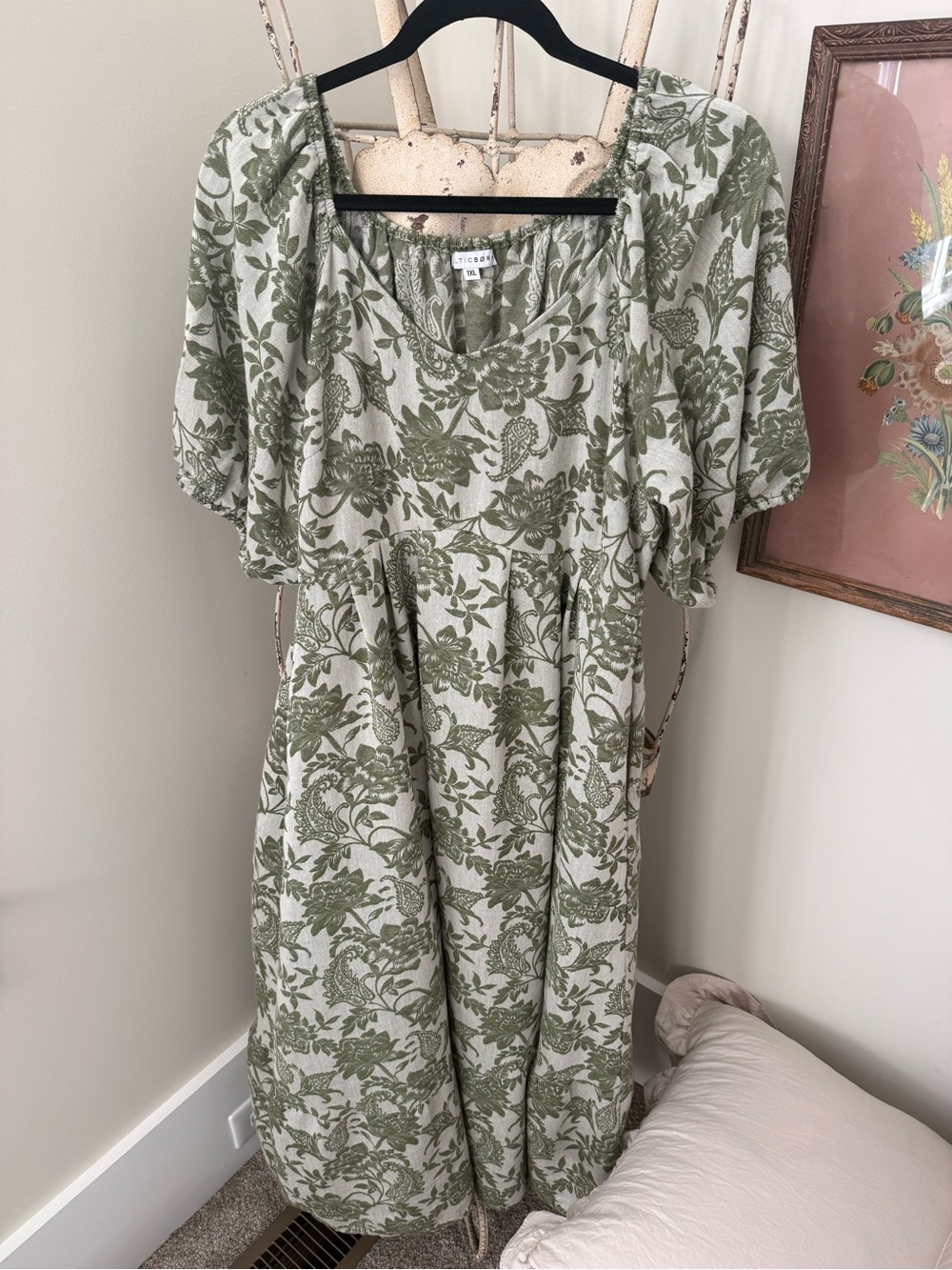 Baltic Born Cream and Olive Puff-Sleeve Floral Dress
